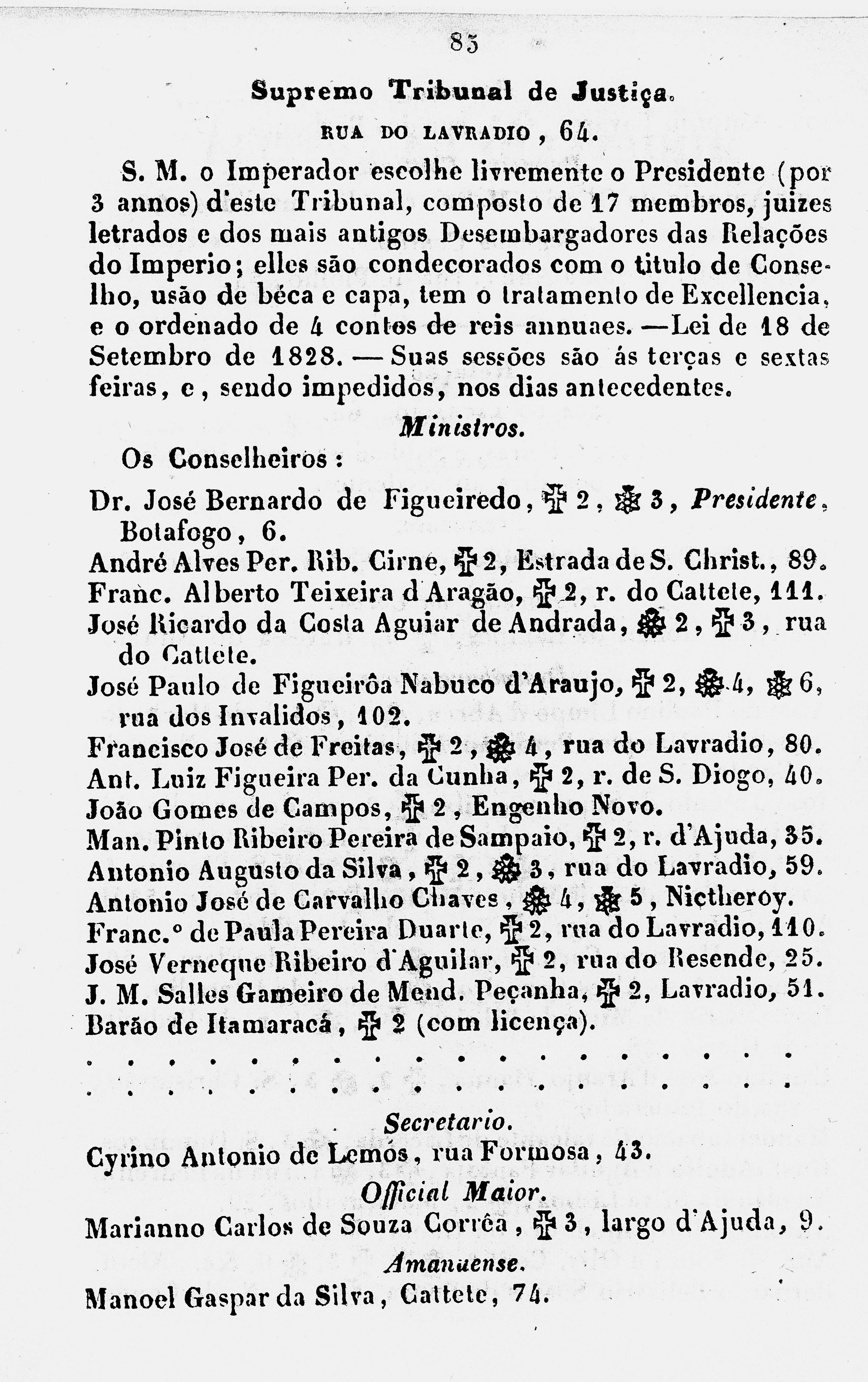 Página do Almanak de 1846 que apresenta José Bernardo de Figueiredo como presidente do Supremo Tribunal de Justiça